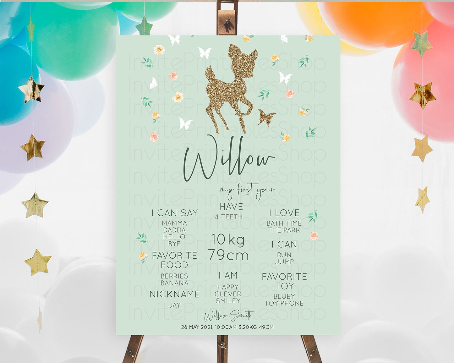 Fawn First Birthday Milestone Board Deer First Birthday Milestone Poster Enchanted Forest Butterfly Pastel Flowers 1st Birthday Sign D10385