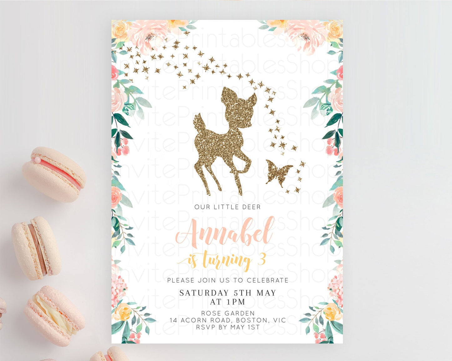 Fawn Birthday Invitation Deer Birthday Invitation Enchanted Forest Party Butterfly Pastel Flowers Whimsical 2nd 1st First Birthday D10874