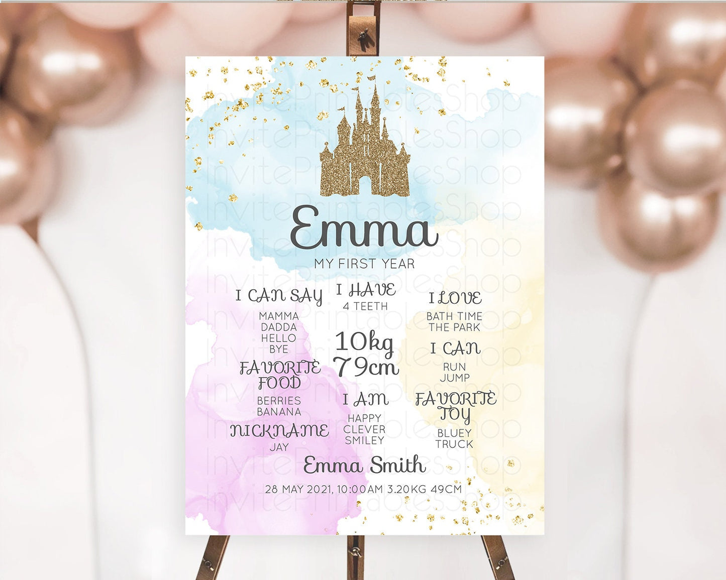 Princess First Birthday Milestone Poster Pastel Princess Milestone Board Pastel Rainbow Colorful Enchanted Castle 1st Birthday Sign D10154