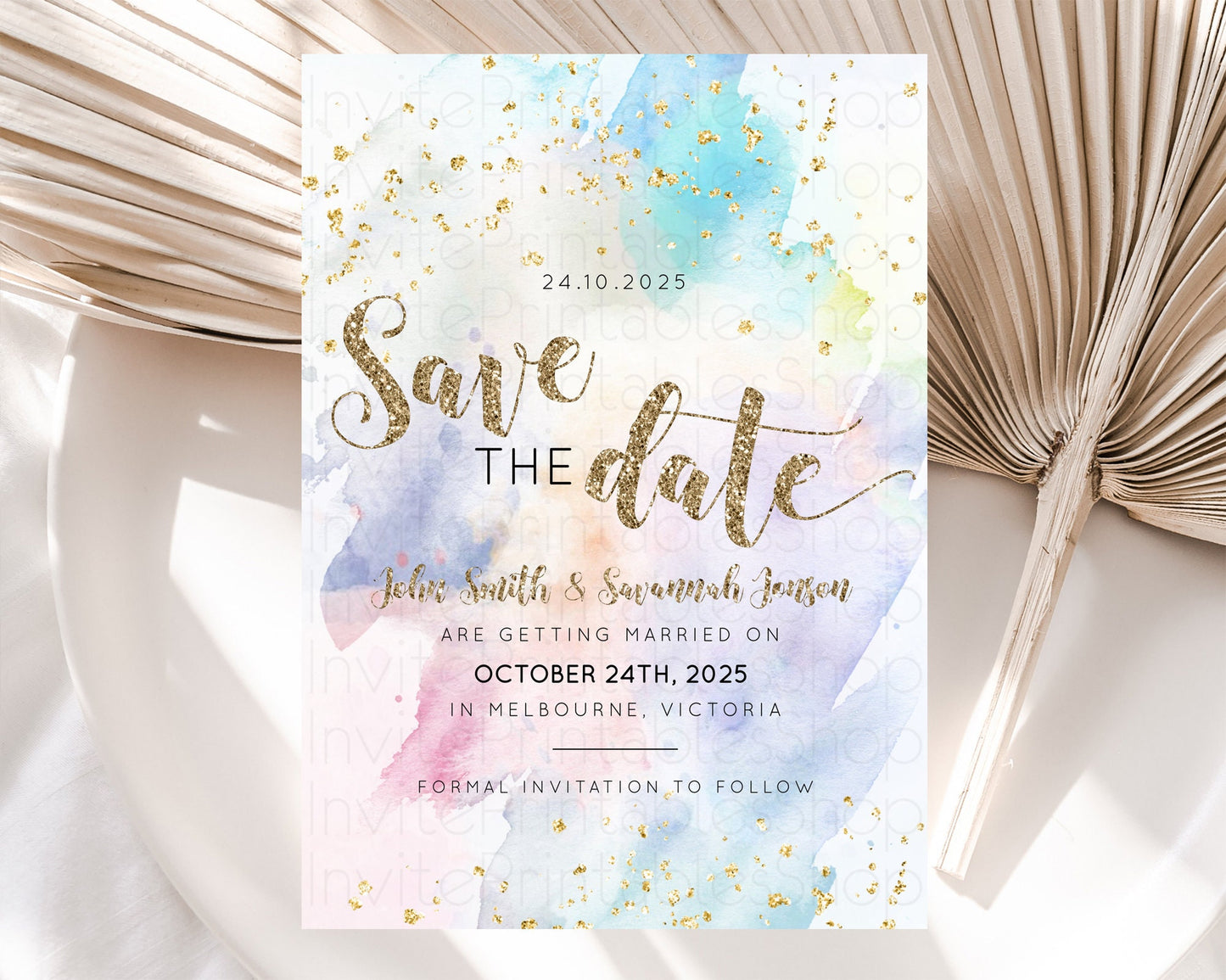 Pastel Save The Date Template Pastel Ombre Rainbow Watercolor Colorful Party For Birthday Baptism Baby Shower Wedding Bridal Shower D10421