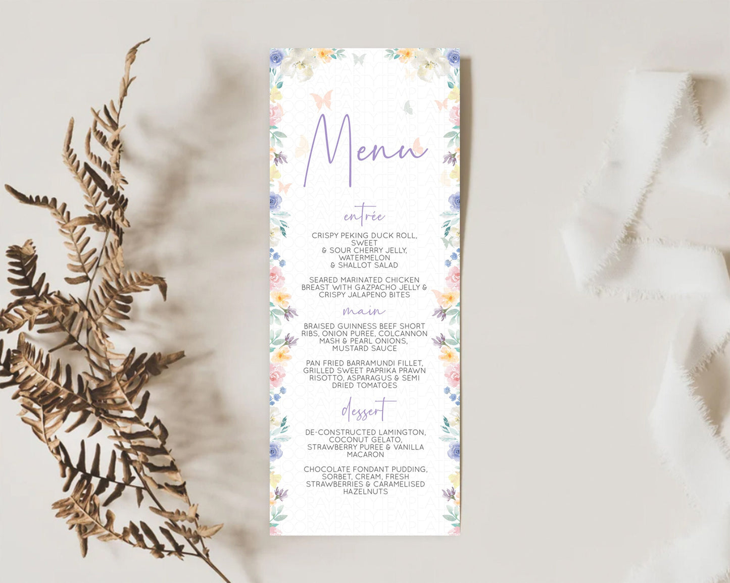 Secret Garden Menu Wildflower Menu Template Pastel Flower Garden Table Decor Boho Floral Dinner Dessert Floral Party Food Menu D10710