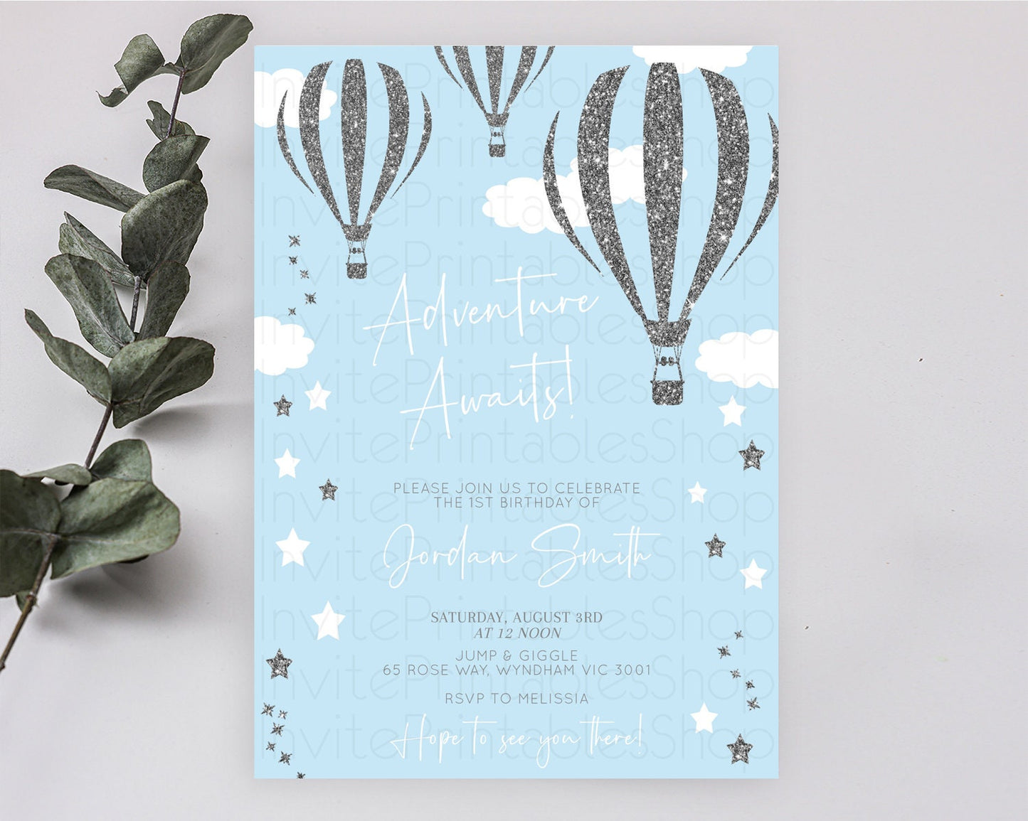 Hot Air Balloon Birthday Invitation Hot Air Balloon Invites Adventure Awaits Up Up & Away Glitter Blue Watercolor 1st Birthday Boy D10335