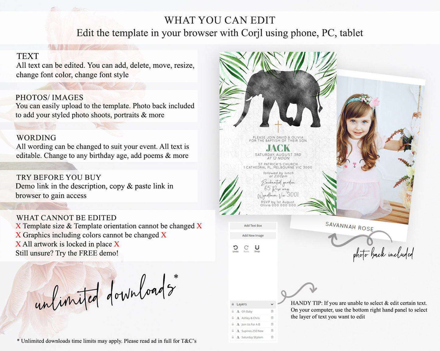 Elephant Baptism Invitation Elephant Baptism 1st Birthday Invitation Safari Christening Invitation TWO Wild ONE Jungle Adventure Zoo D10842