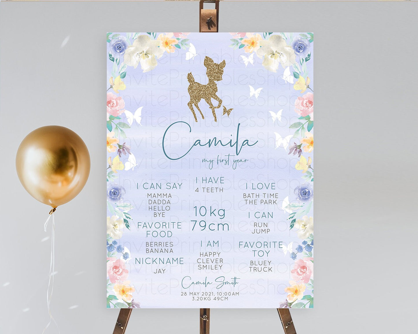 Fawn First Birthday Milestone Board Deer First Birthday Milestone Poster Enchanted Forest Butterfly Pastel Flowers 1st Birthday Sign D10879