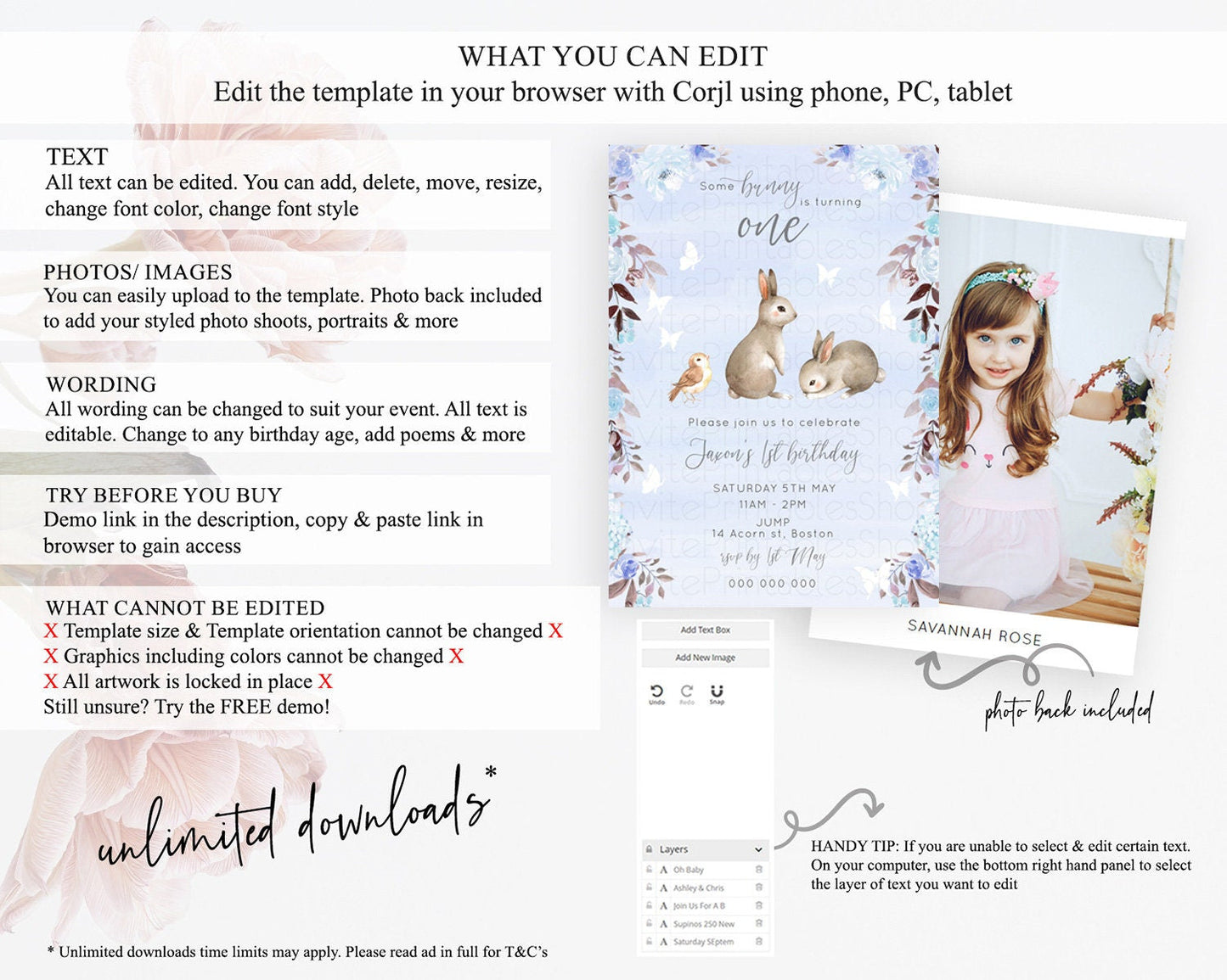 Bunny Birthday Invitation Floral Bunny Invitation Pastel Bunny Invites Pastel Watercolor Woodland Bunny Party 2nd 1st First Birthday D10923