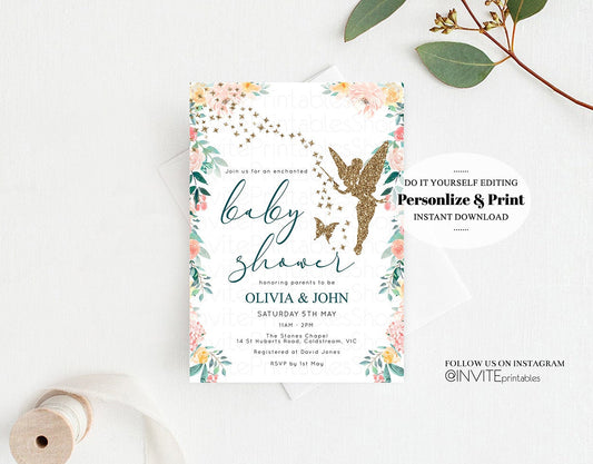 Baby Shower Invitations Baby Shower Invites Gold Glitter Invitation TinkerBell Invites Fairy Garden Invitations Glitter Pastel boy Invites