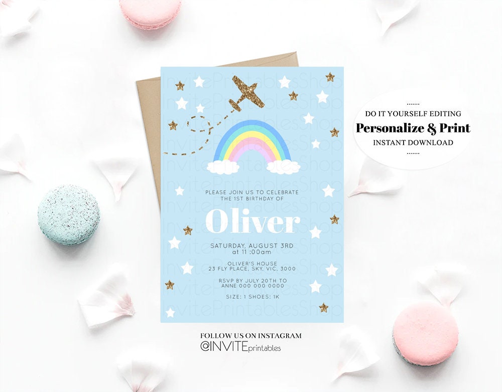 Rainbow Birthday Invitation Pastel Rainbow Plane Invitation Cute Aeroplane Blue Sky Clouds Stars Glitter Confetti Custom Printable