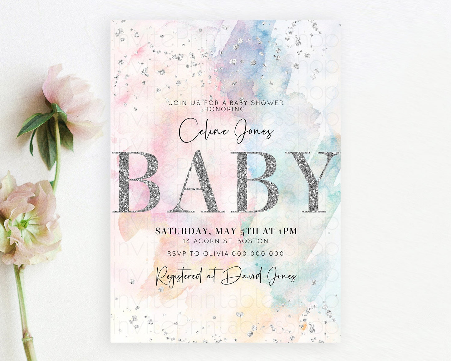 Editable Pastel Rainbow Baby Shower Invitation, Colorful Watercolor Splash w