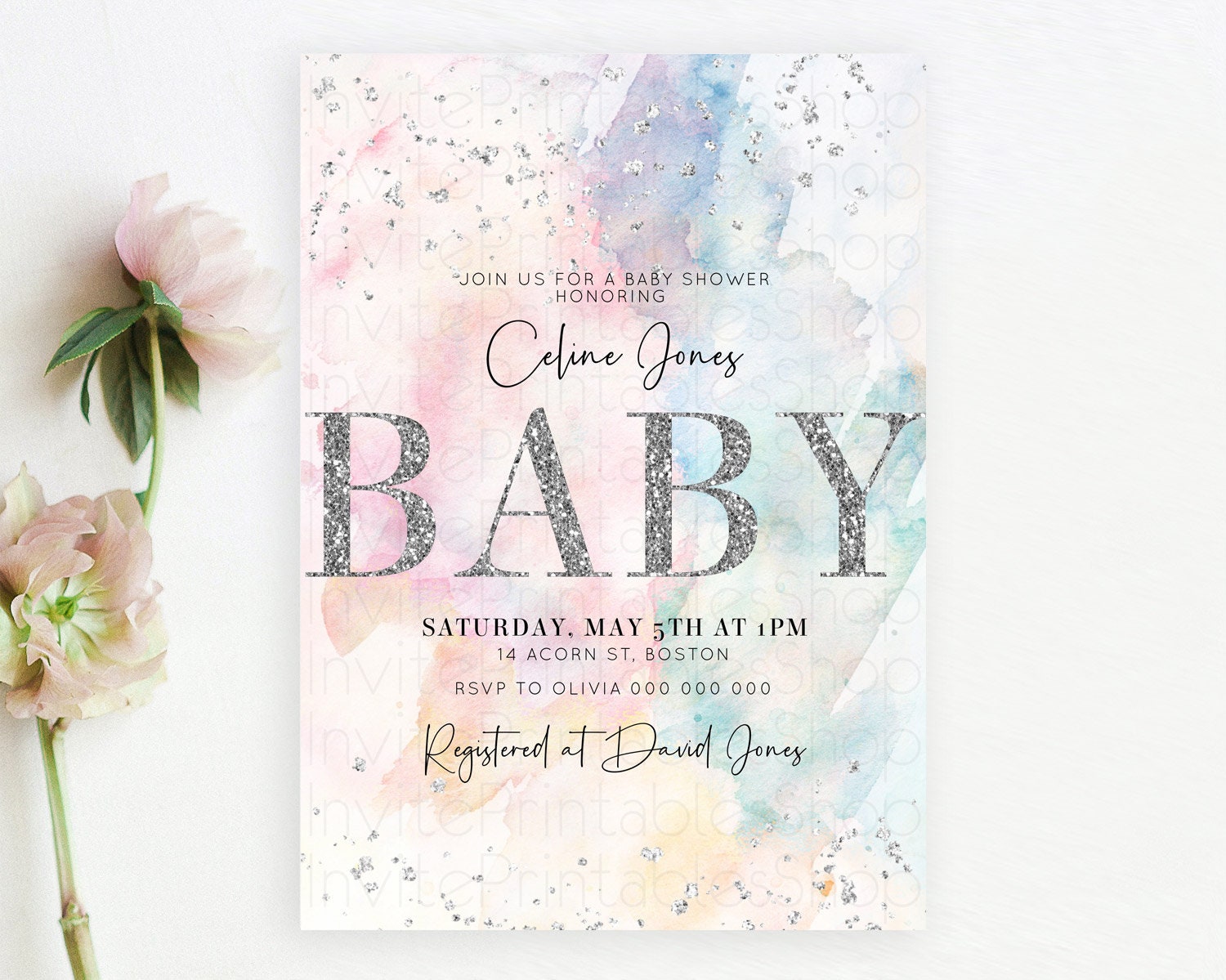 Editable Pastel Rainbow Baby Shower Invitation, Colorful Watercolor Splash w