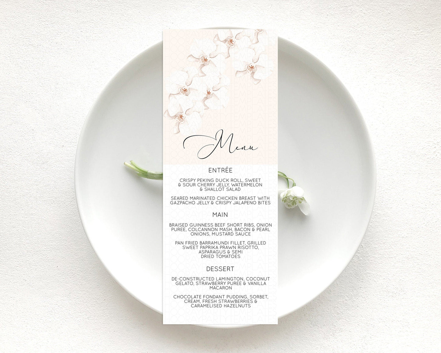 Tropical Menu Template Tropical Menu Palm Leaf Fern Table Decor Frangipani Floral White Orchid Dinner Dessert Menu Party Food Menu D11049