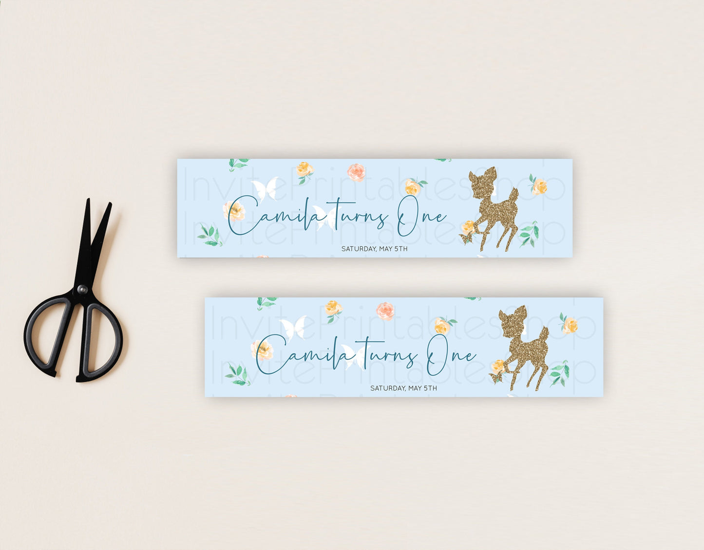 Fawn Deer Water Label Template Pastel Floral Deer Enchanted Forest Butterfly Party Decor Birthday Baptism Baby Shower Bridal Shower D10902