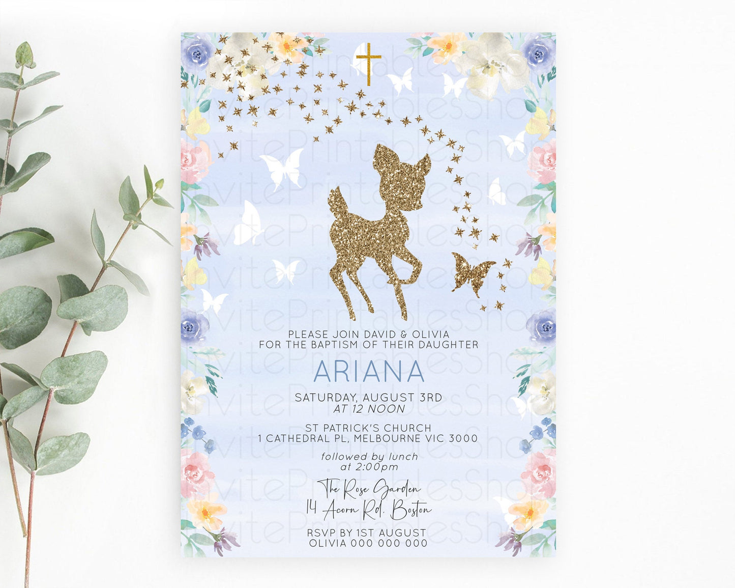 Fawn Baptism Invitation Deer Baptism 1st Birthday Invitation Enchanted Forest Christening Invitation Pastel Garden Butterfly Floral D10879