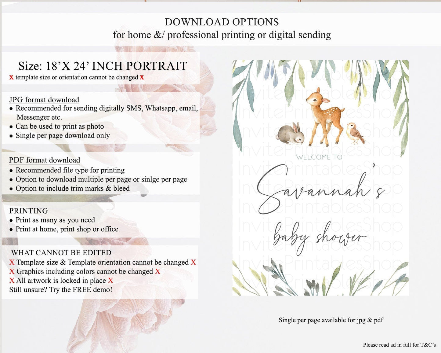 Fawn Baby Shower Welcome Sign Deer Welcome Board Floral Deer Welcome Poster Enchanted Forest Butterfly Pastel Floral Welcome Sign D10919
