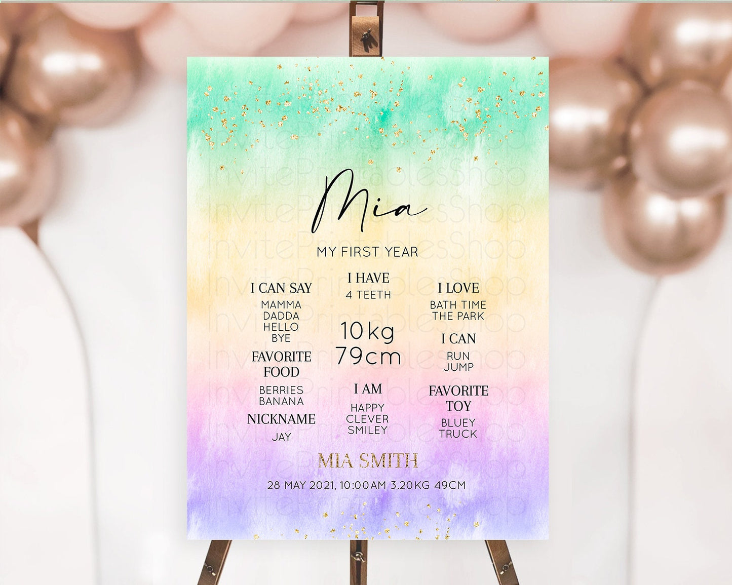 Pastel First Birthday Milestone Board Pastel Rainbow Milestone Poster Colorful Confetti Watercolor Glitter 1st Birthday Welcome Sign D10481