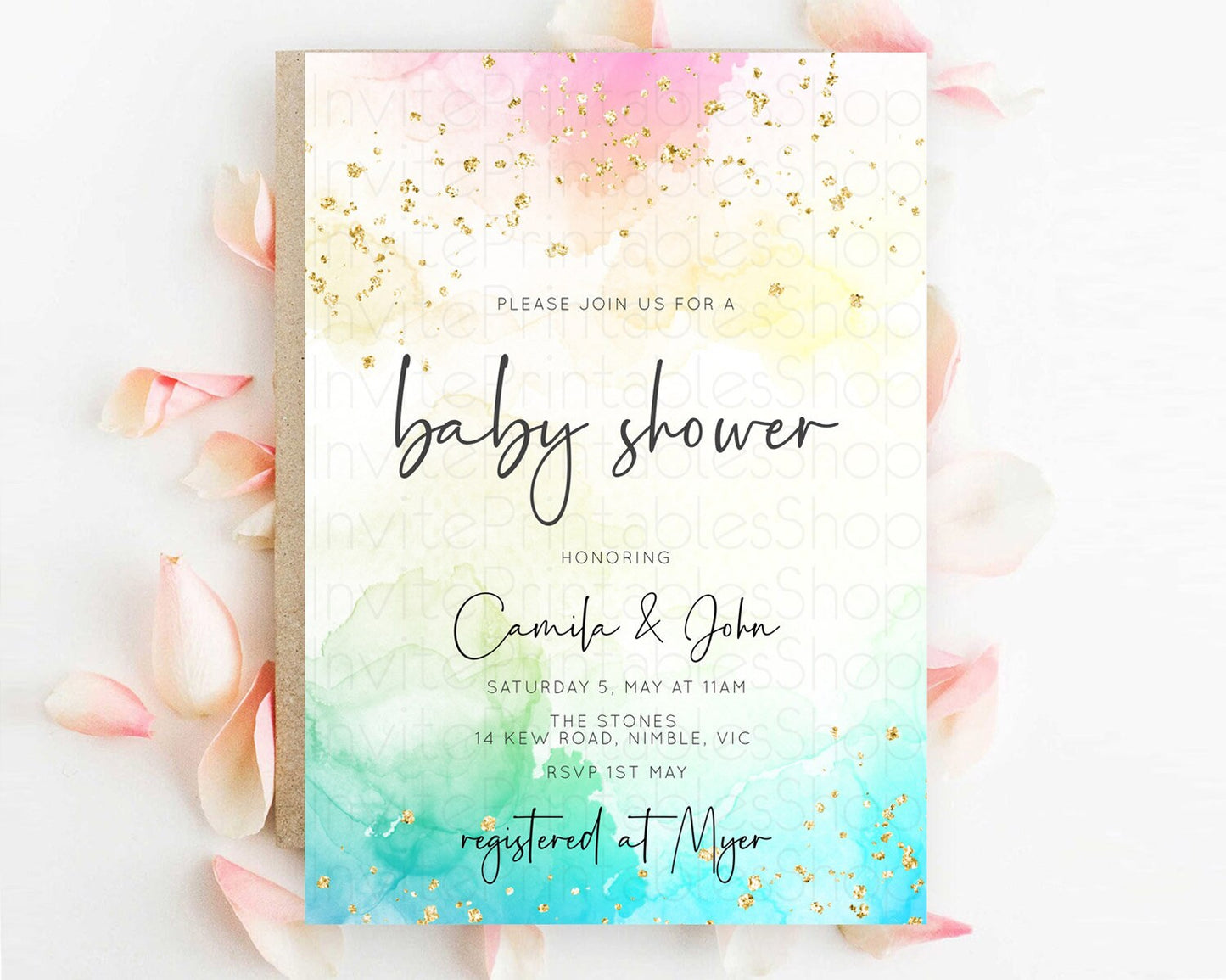 Pastel Baby Shower Invitation Rainbow Baby Shower Invitation Colorful Pastel Watercolor Invitation Gold Glitter Sprinkles Ombre D10151