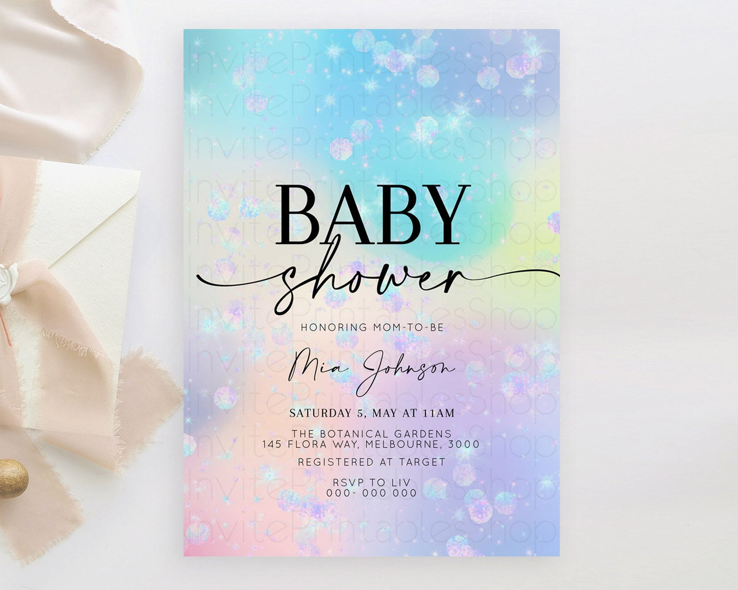 Pastel Rainbow Baby Shower Invitation, Pastel Watercolor with Iridescent Confetti Sprinkles - Colorful Invite Blue, Purple, Yellow D10665