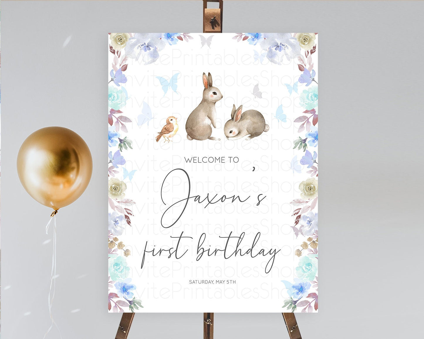 Bunny Welcome Sign Floral Bunny Welcome Board Pastel Flowers Woodland Bunny Welcome Poster Forest Bunny First Birthday Welcome Sign D10927