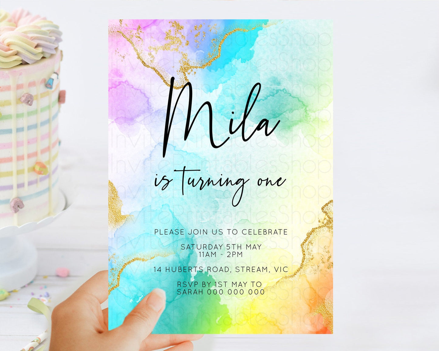 Rainbow Birthday Invitation Colorful Pastel Watercolor Invitation Gold Glitter Sprinkles Ombre Pastel 1st 2nd 3rd Birthday D10390