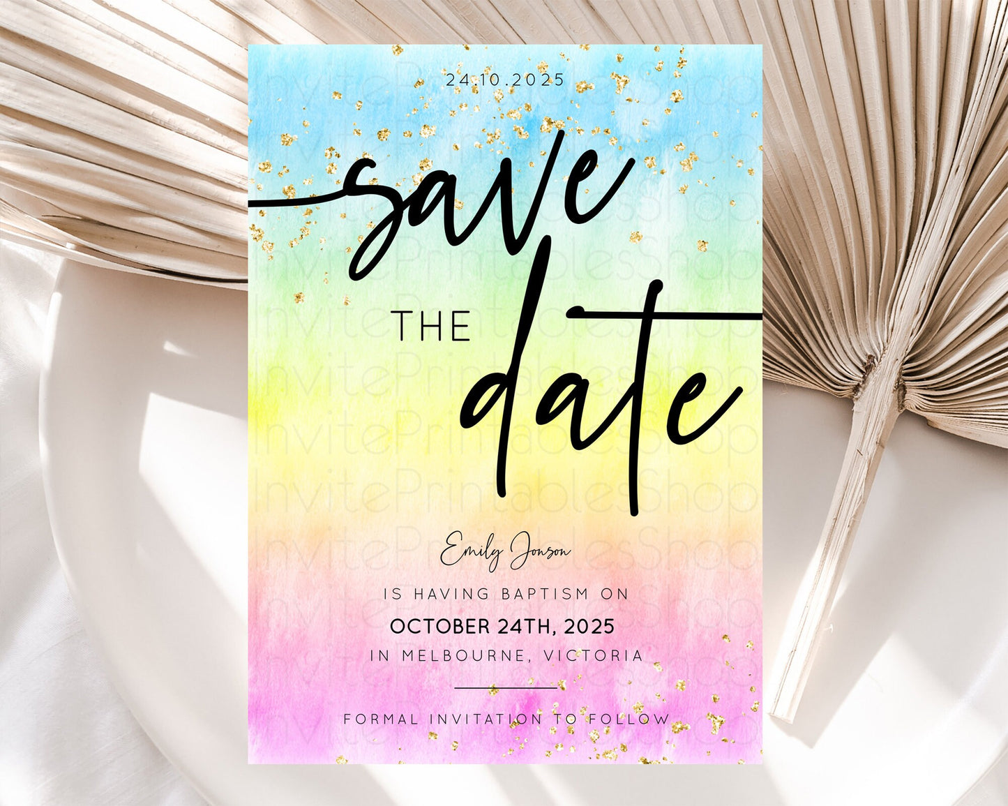 Pastel Save The Date Template Pastel Ombre Rainbow Watercolor Colorful Party For Birthday Baptism Baby Shower Wedding Bridal Shower D10480