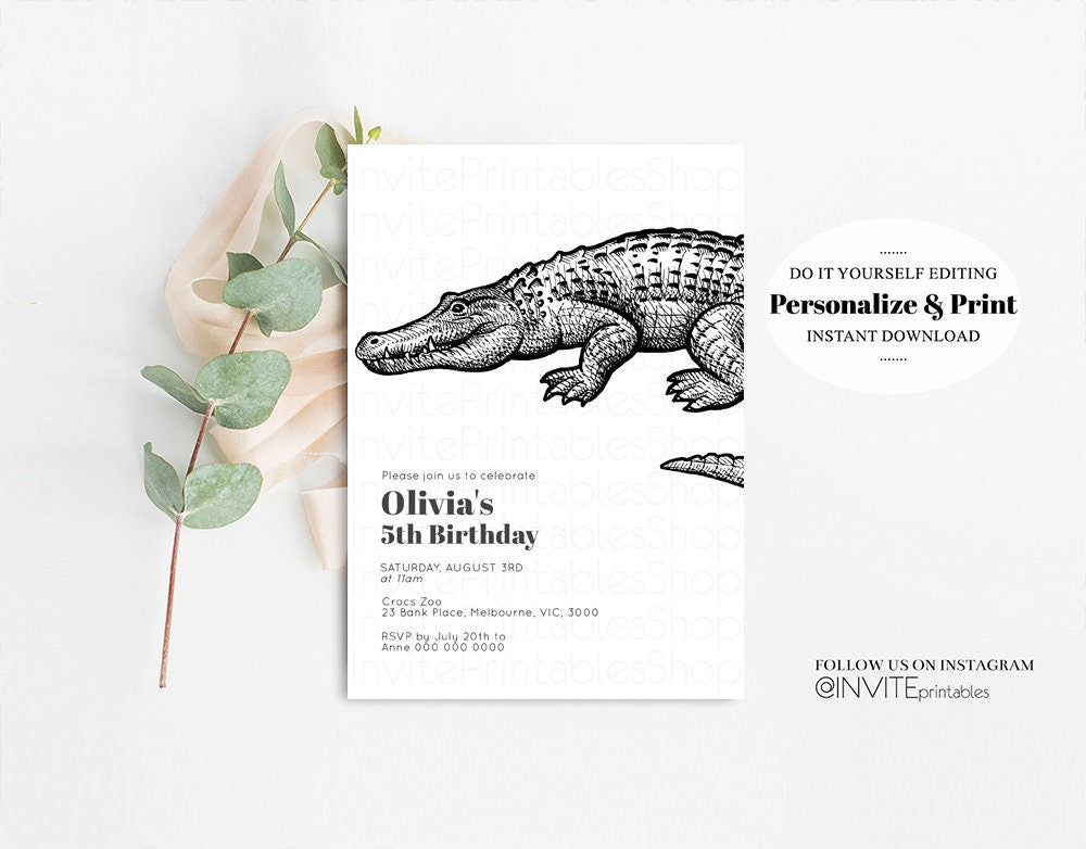 Crocodile Birthday Invitation Crocodile Invite Jungle Safari invite Watercolor Tropical Palm Invite Adventure Zoo Party Wild Croc Party t270