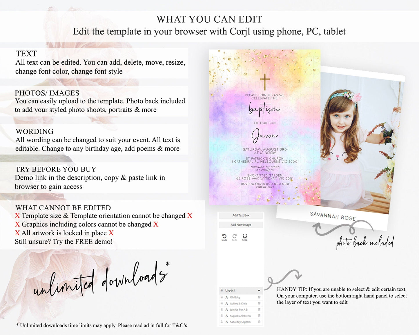 Pastel Baptism Invitation Pastel Colors Watercolor Baptism 1st Birthday Party Gold Ombre Pastel Rainbow Christening Holy Communion D10438