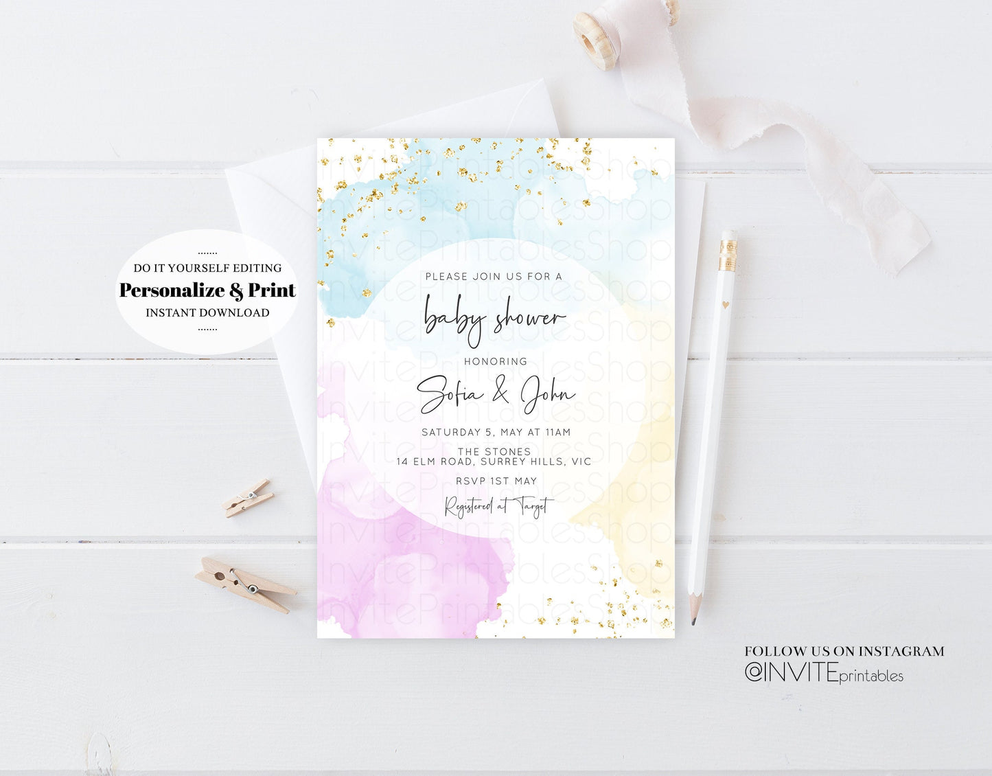 Colorful Rainbow Baby Shower Invitation Watercolor Splash Ink Pastel Rainbow Blue Yellow Pink Gender Reveal Neutral Editable Invite Template