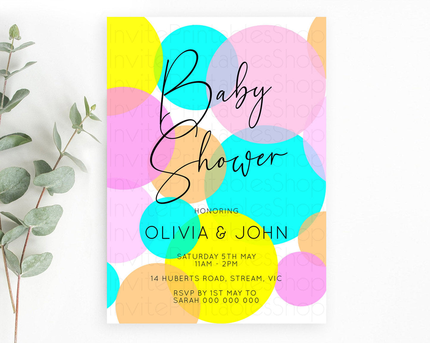 Pastel Rainbow Baby Shower Invitation, Colorful Confetti, Sprinkles, Bubbles, Pastel Blue, Pink, Orange, Yellow Theme Gender Reveal D10896