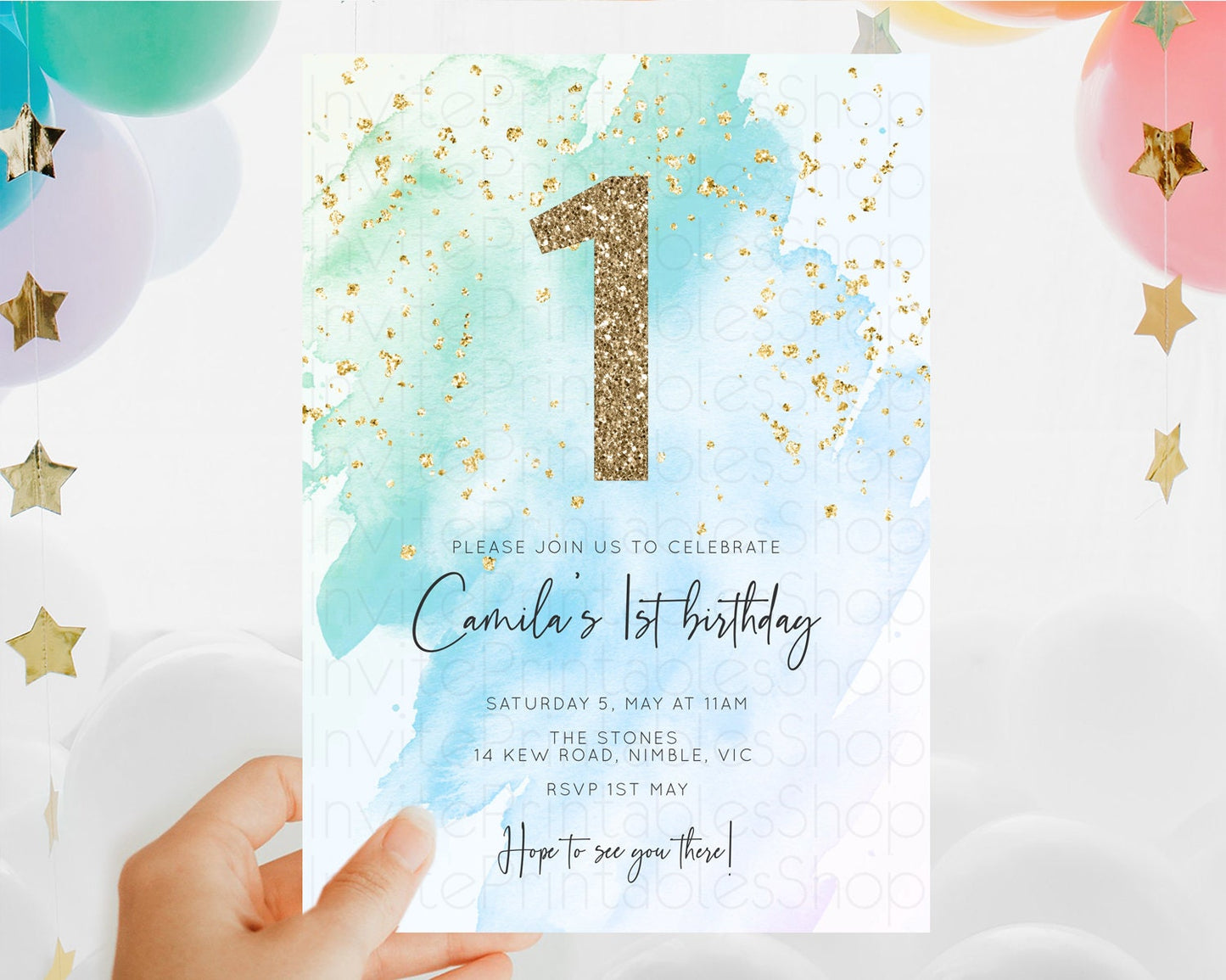 Blue Birthday Invitation Blue Watercolor Invitation Pastel Blue Watercolor Invitation Blue Splash Gold Invitation 1st First Birthday D10168