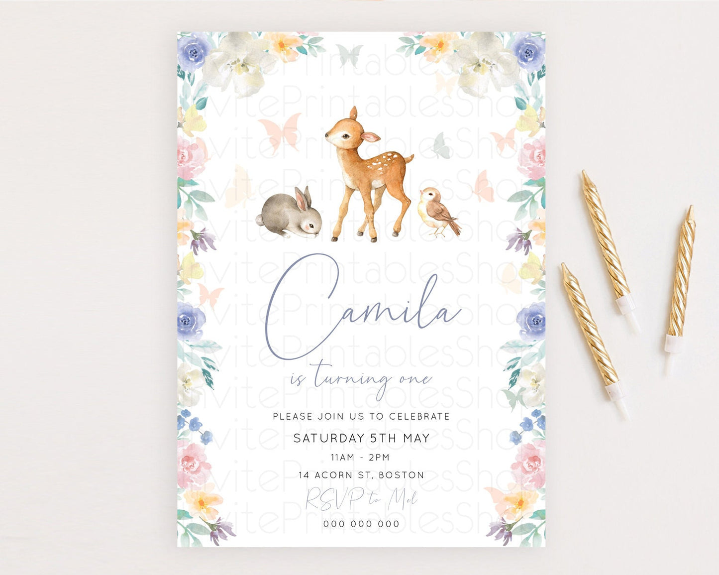 Fawn Birthday Invitation Deer Birthday Invitation Enchanted Forest Party Butterfly Pastel Flowers Whimsical 2nd 1st First Birthday D10930