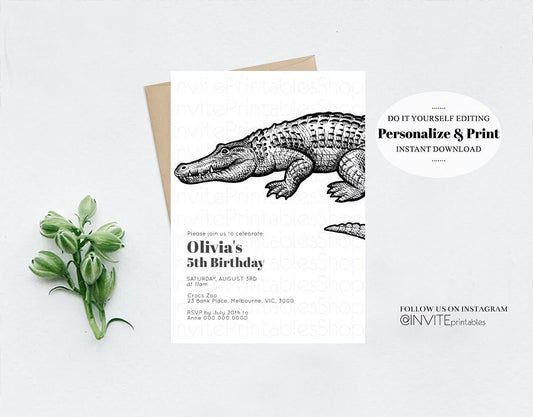 Crocodile Birthday Invitation Crocodile Invite Jungle Safari invite Watercolor Tropical Palm Invite Adventure Zoo Party Wild Croc Party t270