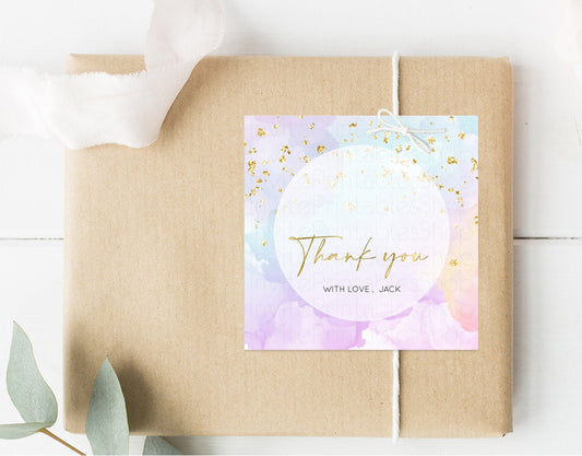 Rainbow Watercolor Gift Tags Favor Tag Bonbonniere Thank You Lolly Bag Colorful Watercolor Gold Glitter Sprinkles Ombre Pastel Purple 599v1