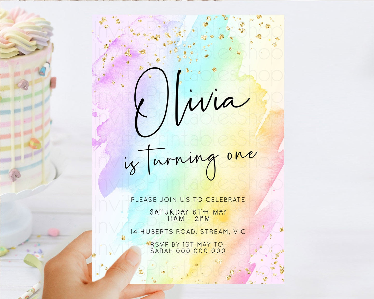 Pastel Birthday Invitation Ombre Watercolor Birthday Invitation Glitter Rainbow Color Splash 1st 2nd 3rd Birthday Invitation D23055