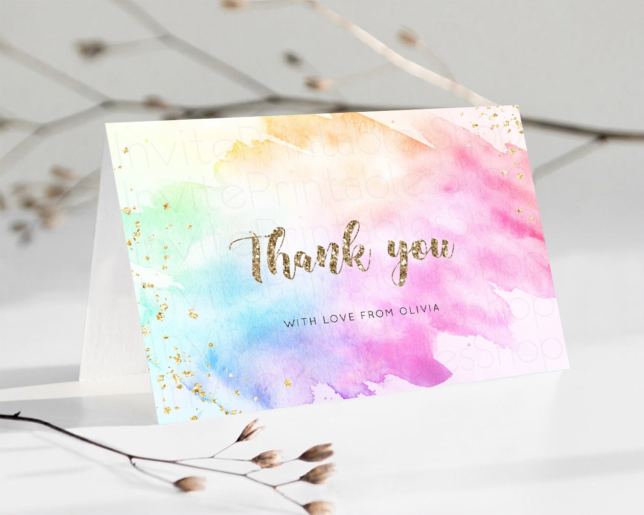 Pastel Rainbow Thank you Colorful Watercolor Folded Gift Cards Custom Note Message Glitter Birthday Engaged Baby Shower Wedding Guests g504