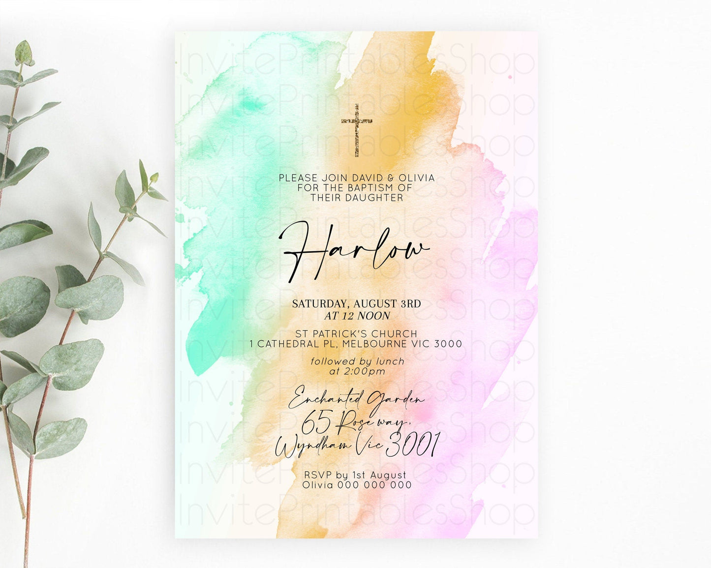 Pastel Baptism Invitation Pastel Colors Watercolor Baptism 1st Birthday Party Gold Ombre Pastel Rainbow Christening Holy Communion D10962