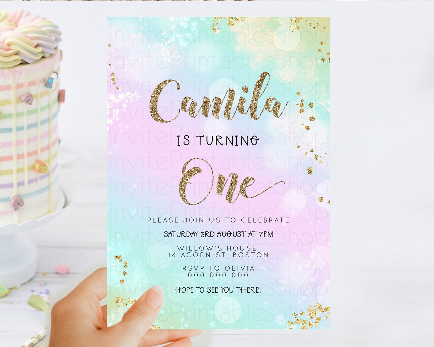 Rainbow Birthday Invitation Colorful Pastel Watercolor Invitation Gold Glitter Sprinkles Ombre Pastel 1st 2nd 3rd Birthday D23126