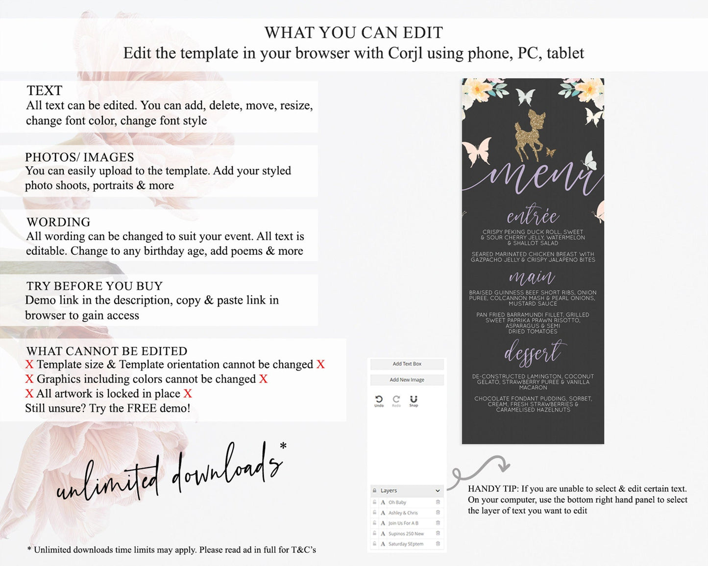 Fawn Menu Deer Menu Template Pastel Floral Deer Table Decor Enchanted Forest Butterfly Floral Dinner Dessert Menu Party Food Menu D10323