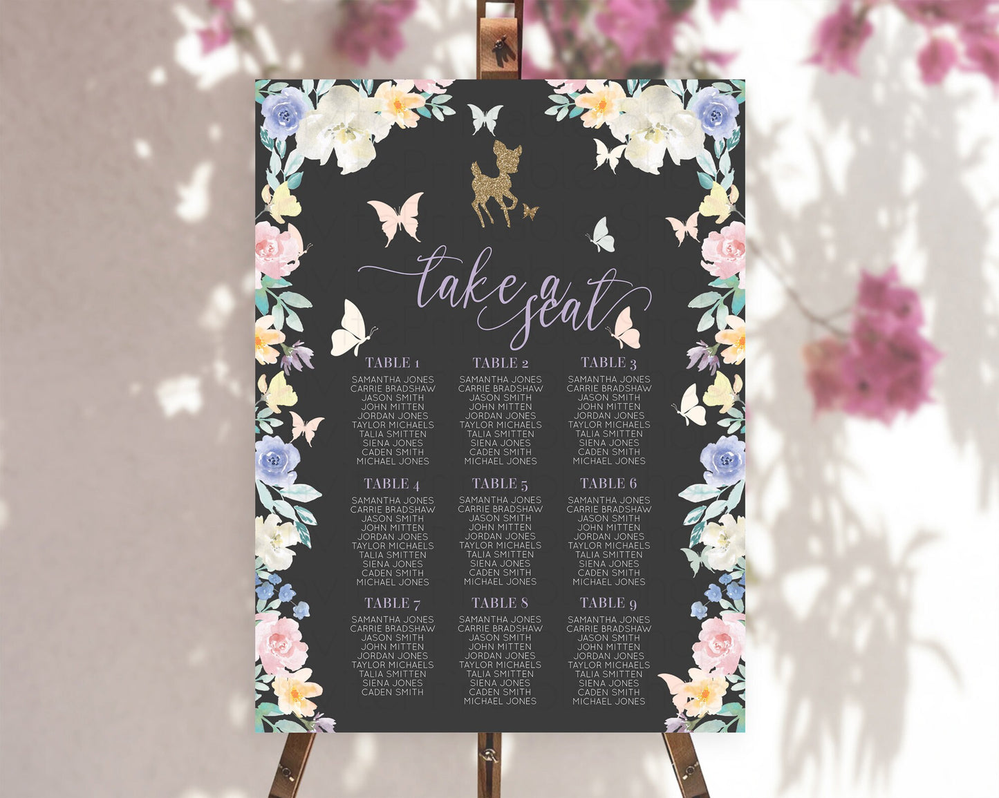 Fawn Seating Chart Deer Seating Chart Enchanted Forest Party Butterfly Pastel Flowers Whimsical Seating Chart Woodland Seating Sign D10323