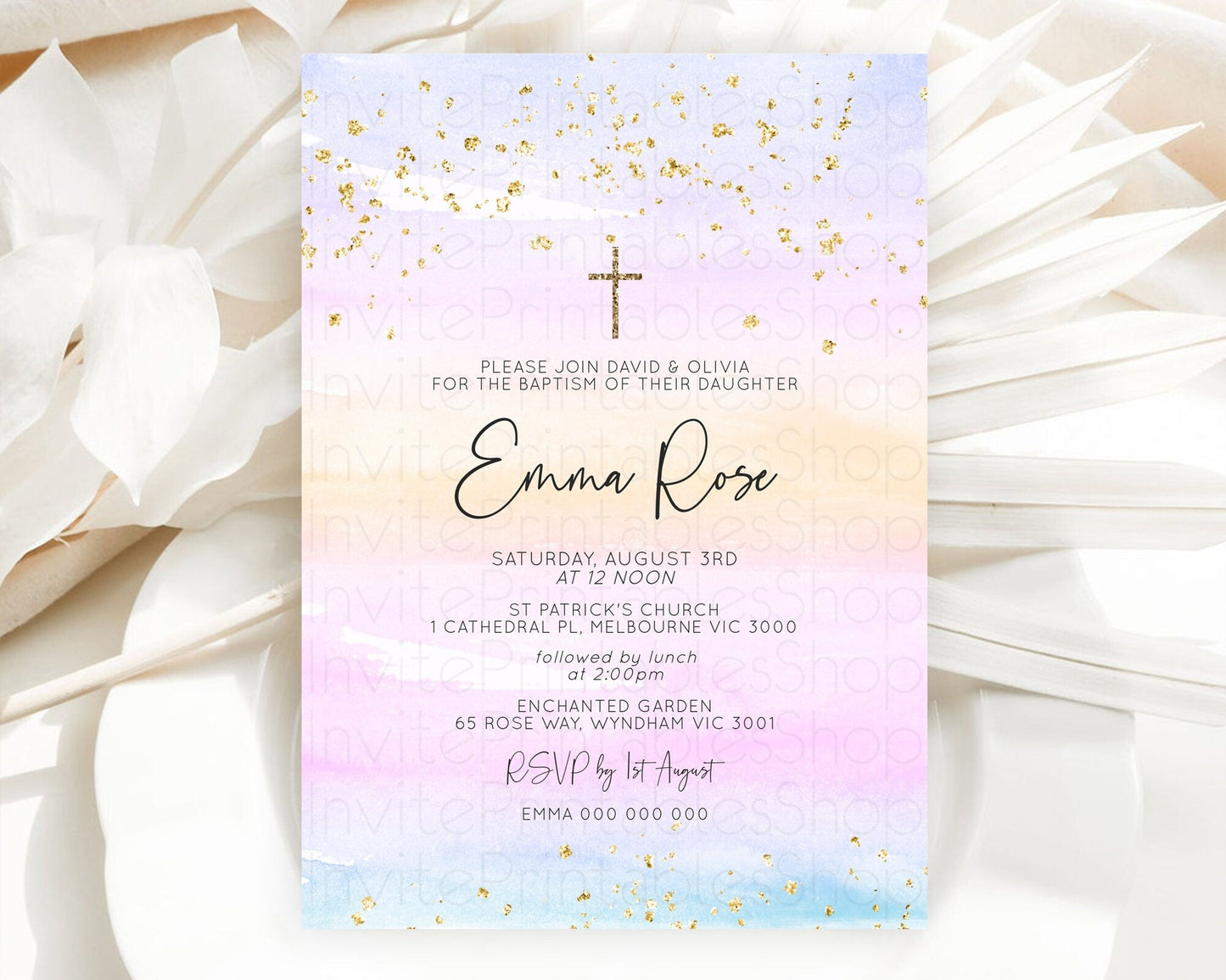 Pastel Baptism Invitation Pastel Colors Watercolor Baptism 1st Birthday Party Gold Ombre Pastel Rainbow Christening Holy Communion D10594