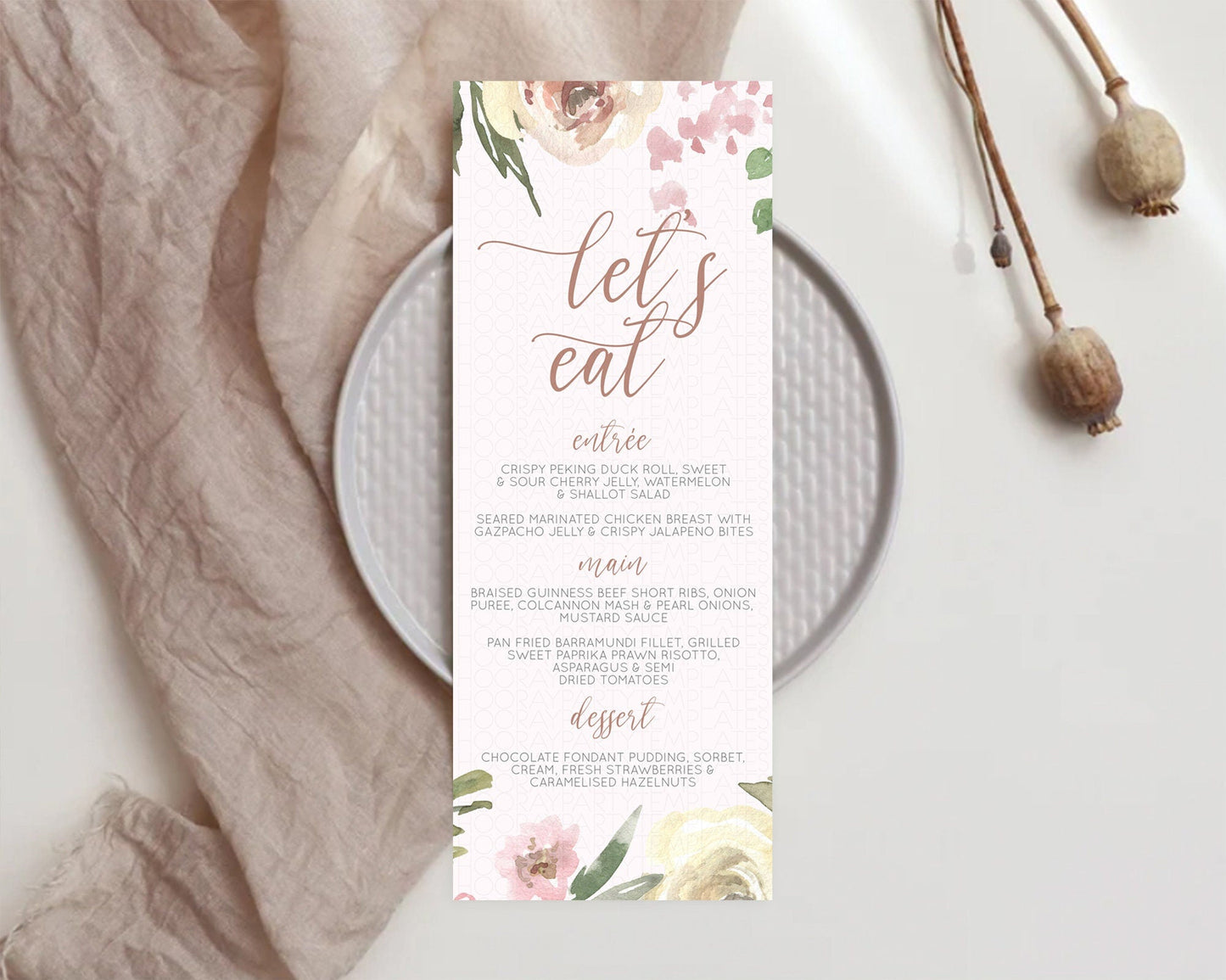 Secret Garden Menu Wildflower Menu Template Pastel Flower Garden Table Decor Boho Floral Dinner Dessert Floral Party Food Menu D10192