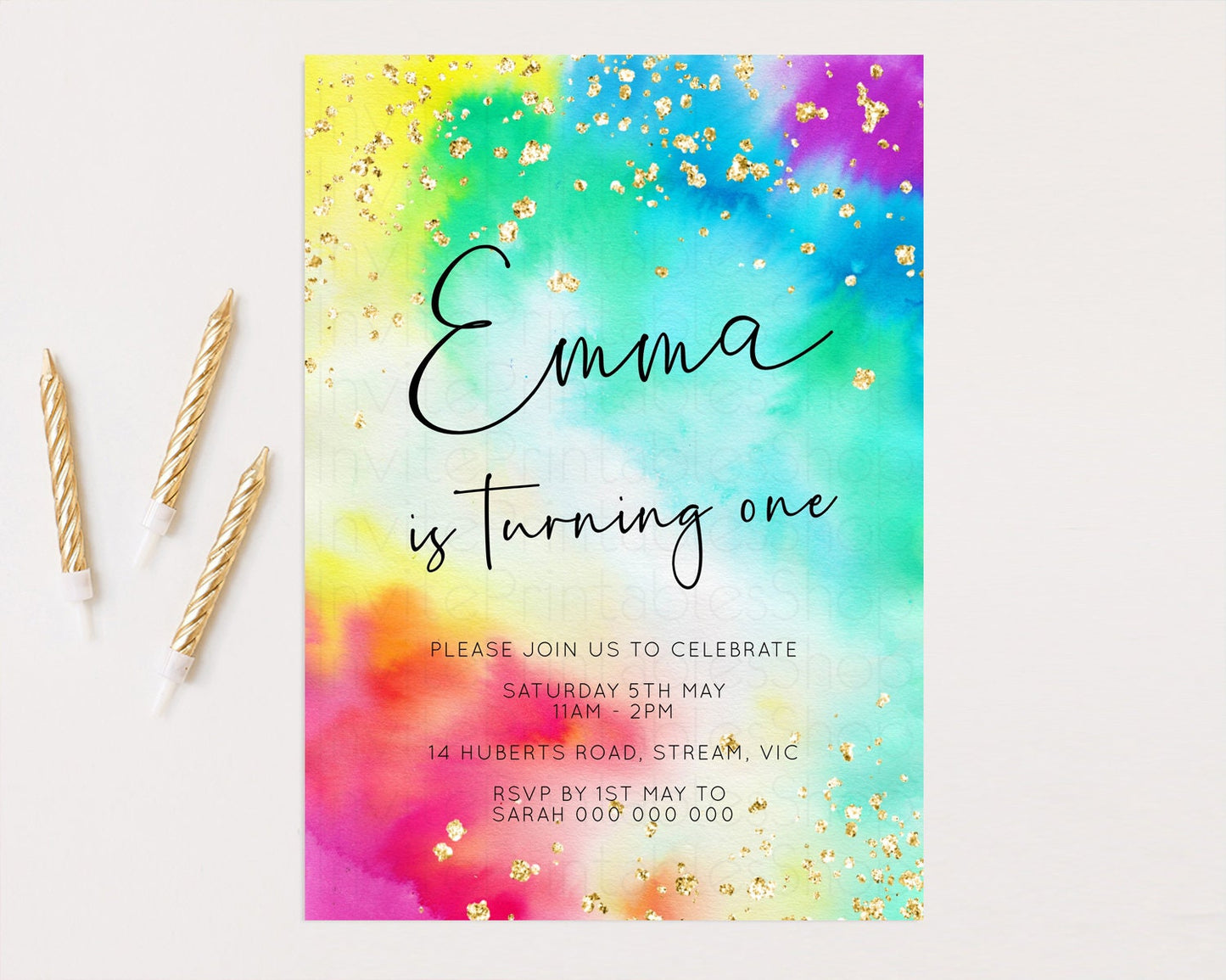 Tie Dye Rainbow Birthday Invitation Colorful Pastel Invite Ombre Watercolor Invite Rainbow Splash Glitter Sprinkle Invite 1st 2nd 3rd 511