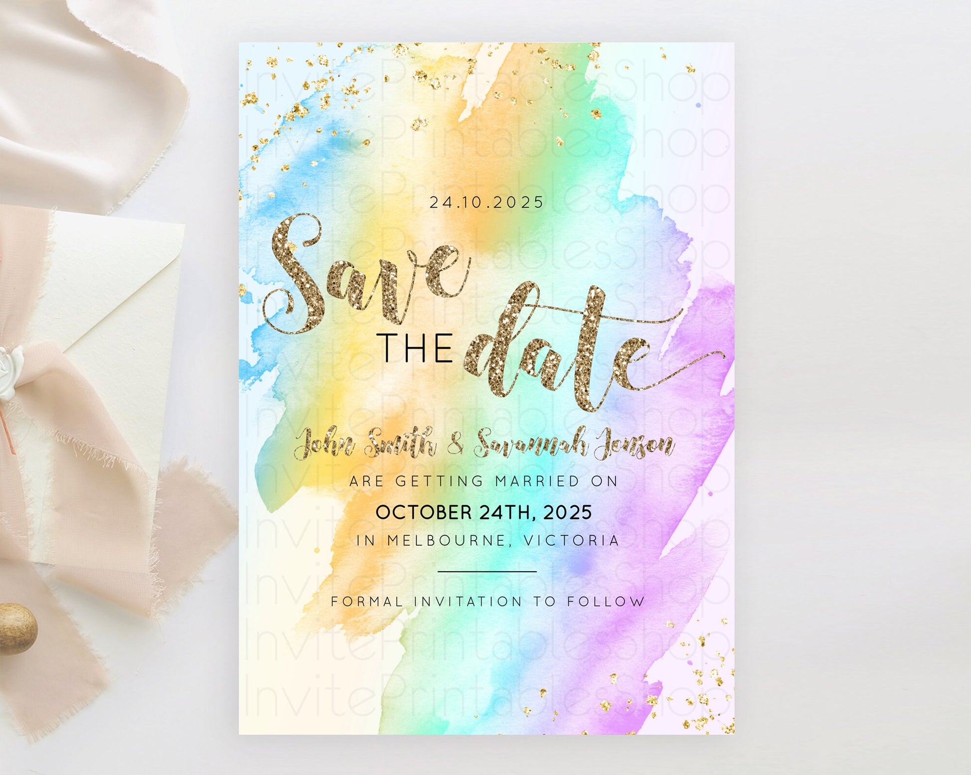Editable Pastel Save The Date Template Pastel Ombre Rainbow Watercolor Color