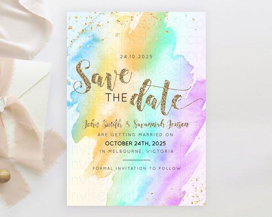 Editable Pastel Save The Date Template Pastel Ombre Rainbow Watercolor Color