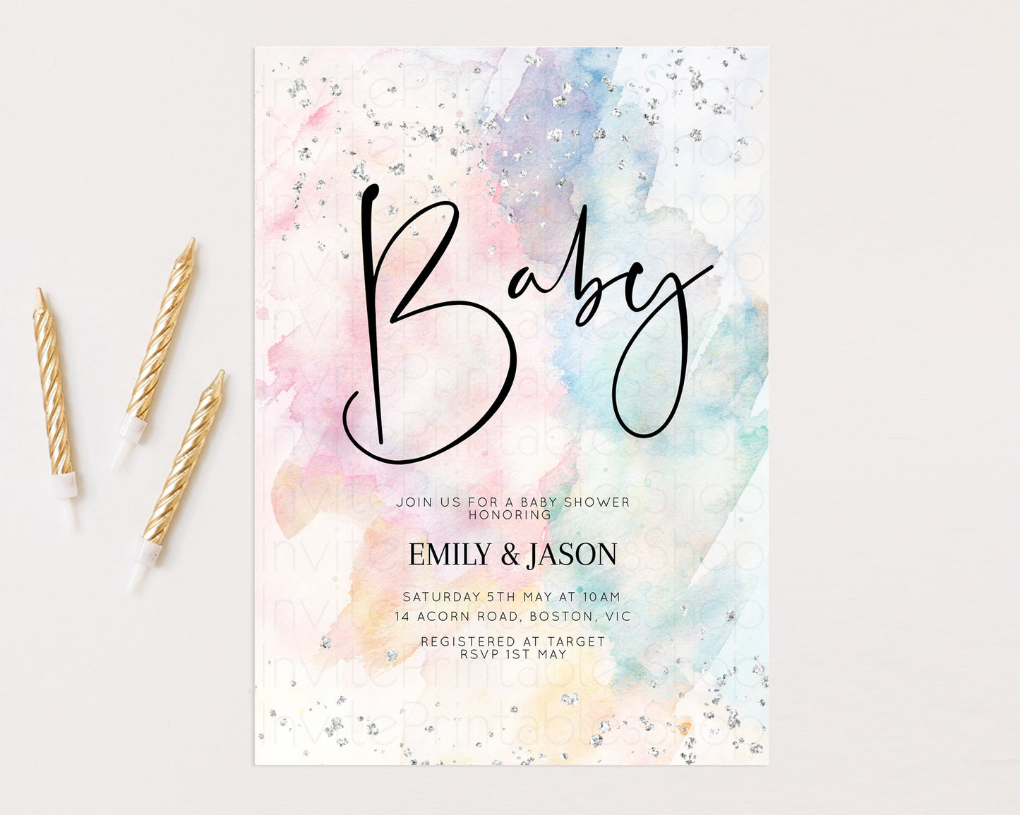 Rainbow Baby Shower Invitation Pastel Watercolor Invite Ombre Splash Invite Silver Glitter Confetti Sprinkles Colorful Gender Neutral s276v4