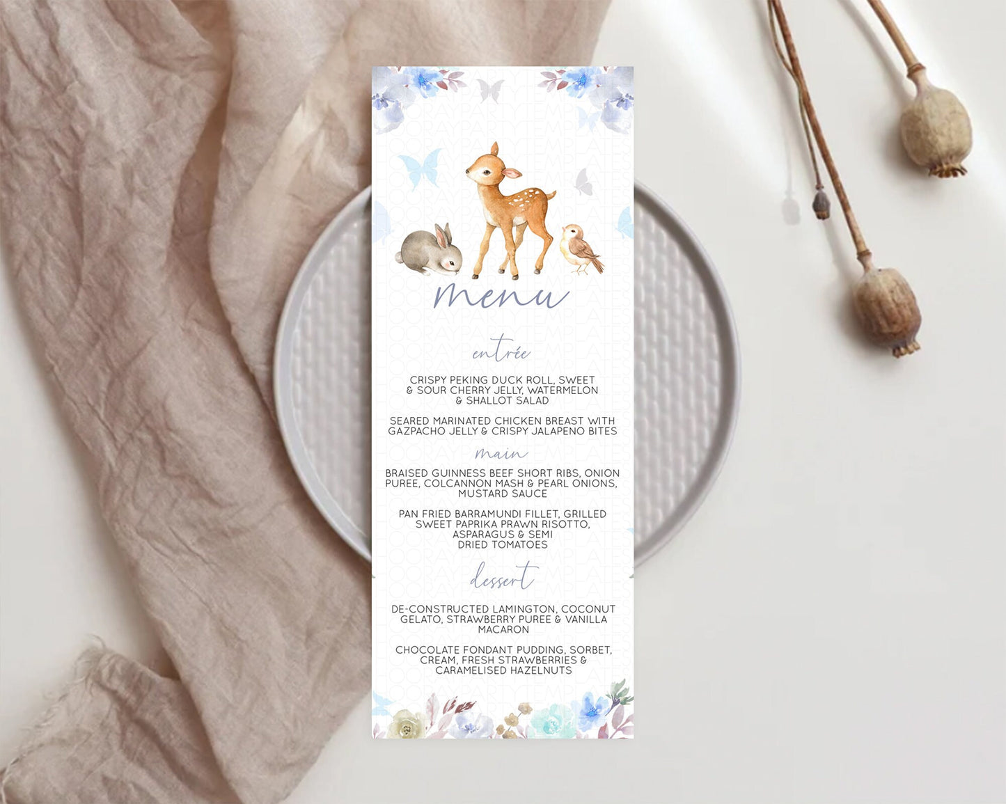 Fawn Menu Deer Menu Template Pastel Floral Deer Table Decor Enchanted Forest Butterfly Floral Dinner Dessert Menu Party Food Menu D10929