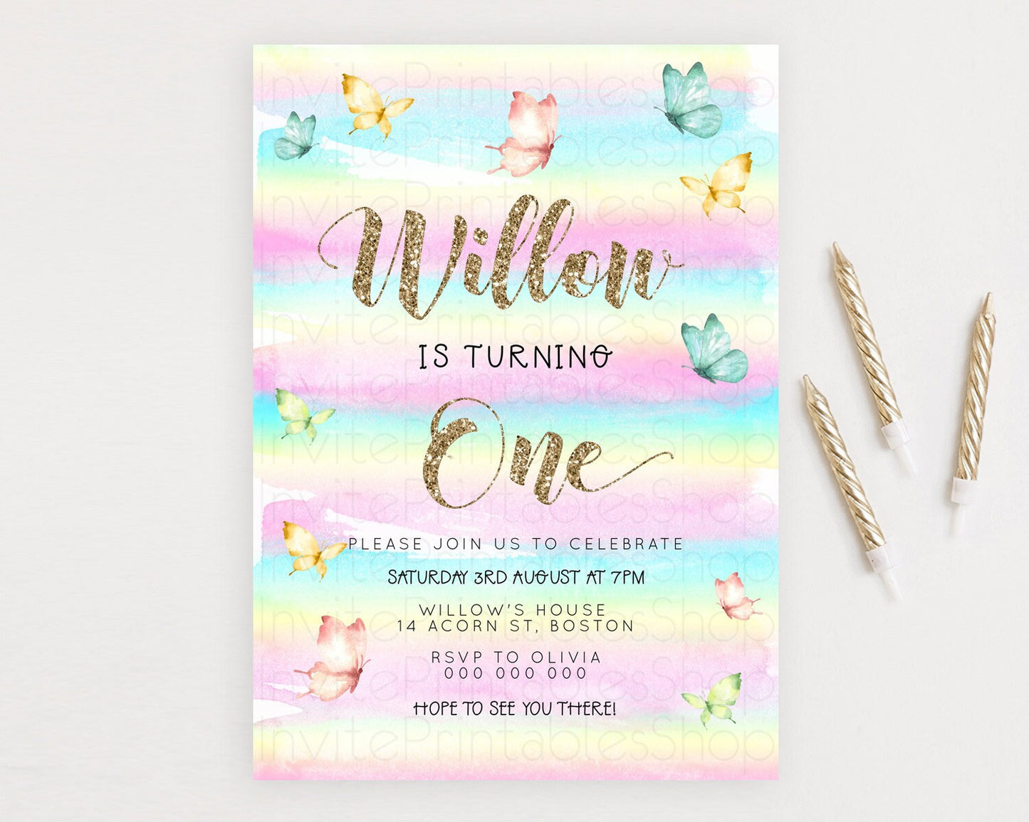 Pastel Butterfly Birthday Invitation Butterfly Birthday Invitation Colorful Splash Glitter Butterfly Garden 1st 2nd Birthday D23218