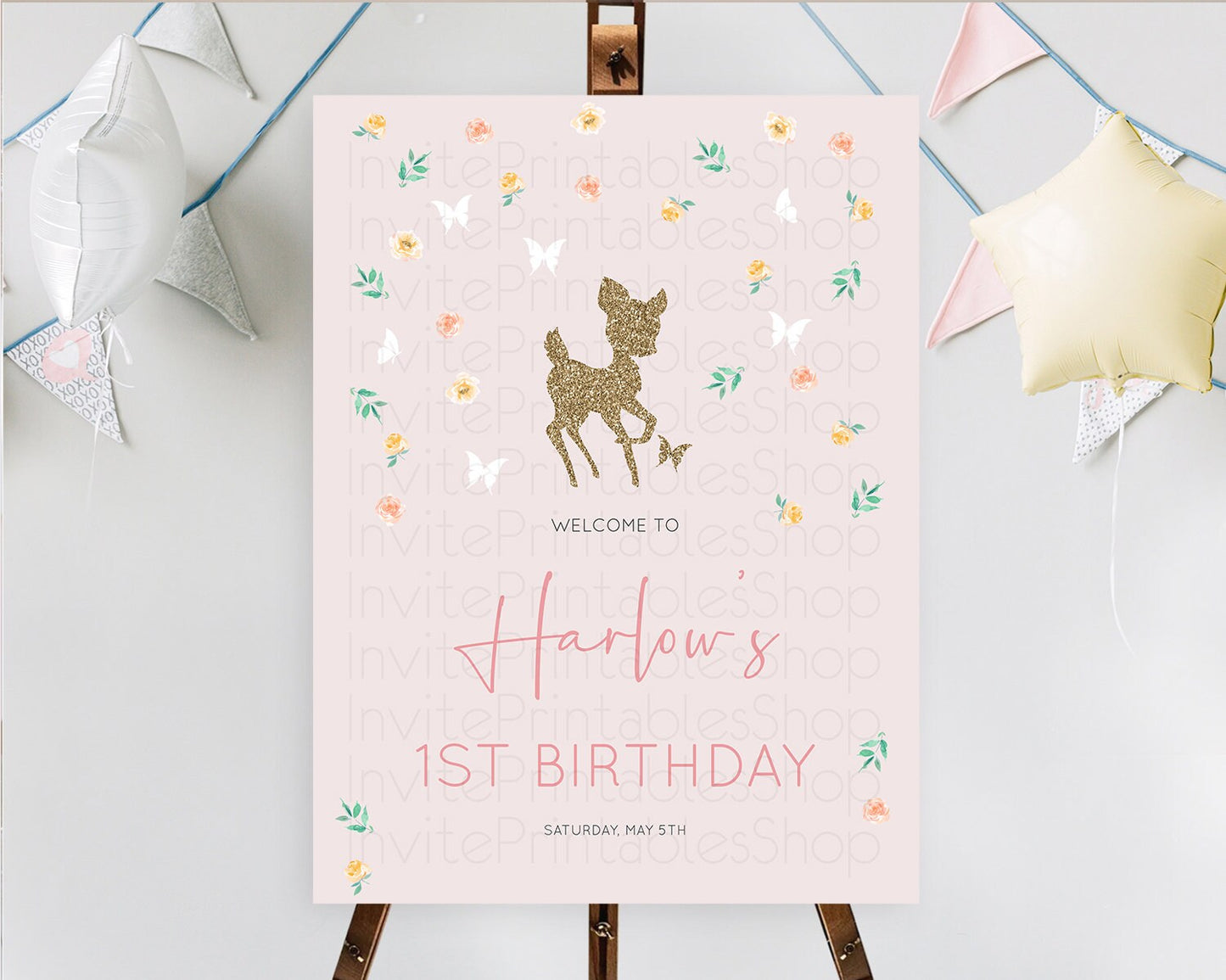 Fawn Welcome Sign Deer Welcome Board Floral Deer Welcome Poster Enchanted Forest Butterfly Pastel Floral First Birthday Welcome Sign D10386