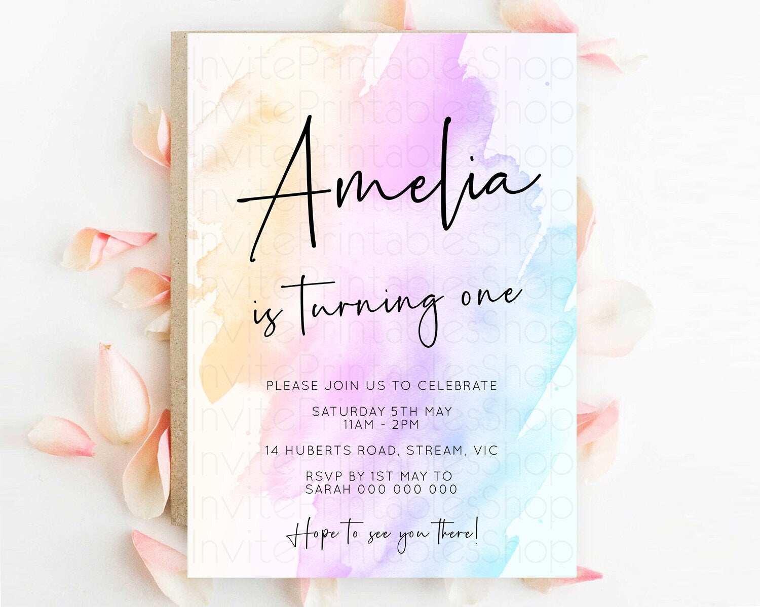 Editable Rainbow Birthday Invitation Colorful Pastel Watercolor Invitation G