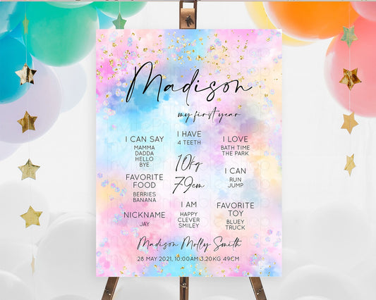 Editable Pastel First Birthday Milestone Board Pastel Rainbow Milestone Post