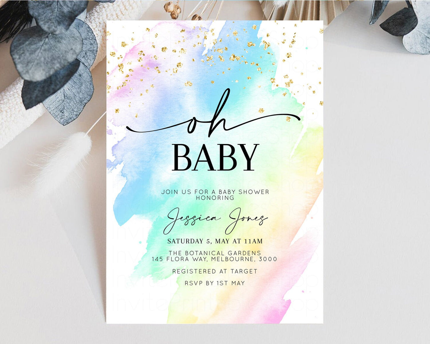 Rainbow Baby Shower Invitation Pastel Baby Shower Invitation Watercolor Ombre Invitation Rainbow Pastel Colors Invite Glitter Confetti t601