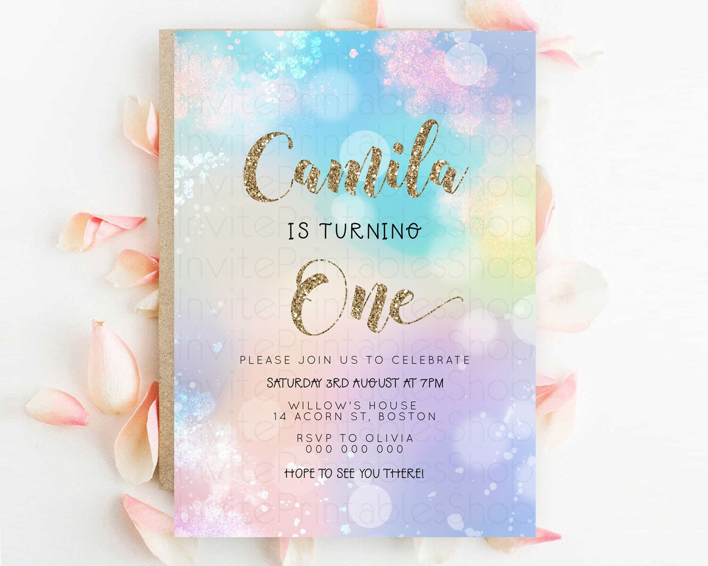 Rainbow Birthday Invitation Colorful Pastel Watercolor Invitation Gold Glitter Sprinkles Ombre Pastel 1st 2nd 3rd Birthday D23129